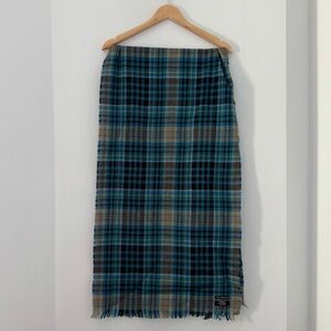 Vintage Holt Renfrew blue plaid extra fine wool shawl wrap scarf with fringe